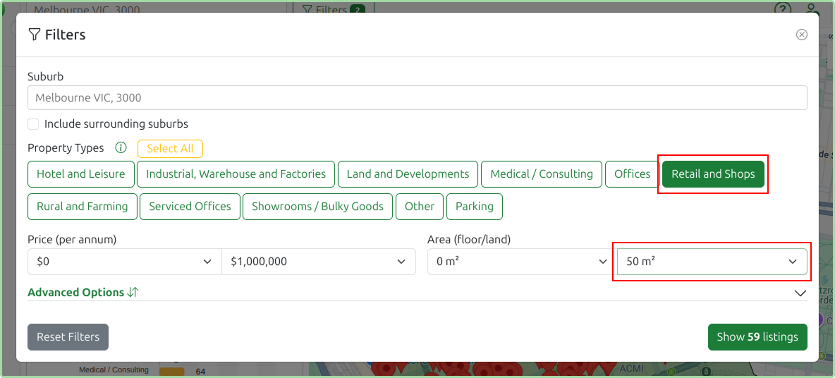 Filters panel with Retail and Shops property type selected and area set to 50m²