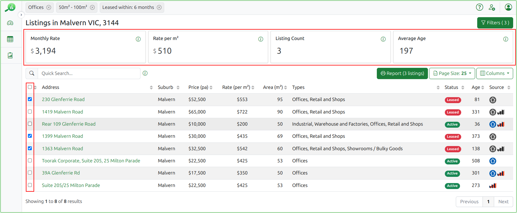 Tabular view with three listings selected showing updated statistics