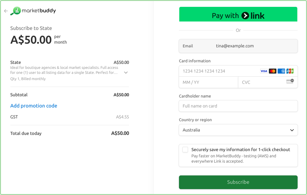 Payment checkout page with credit card form and Subscribe button