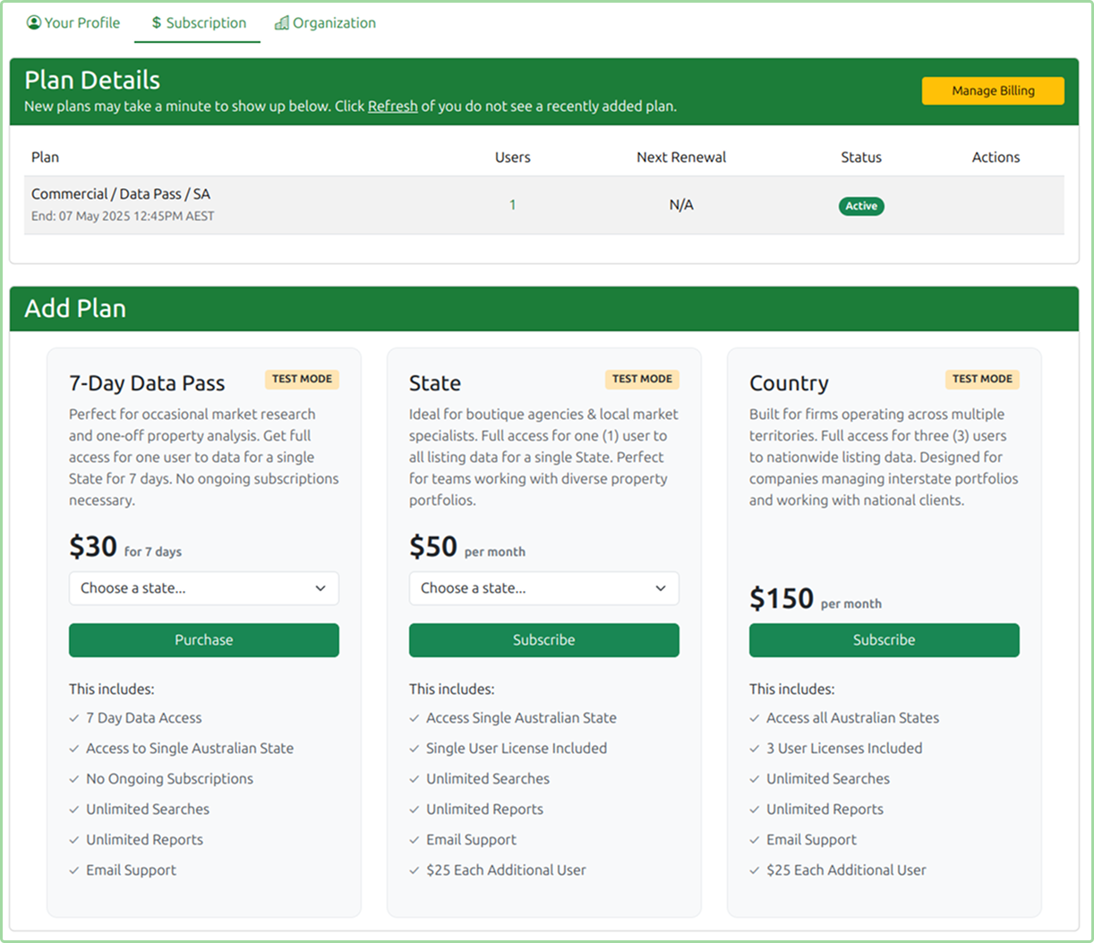 Subscription page showing Plan Details and available plans including 7-Day Data Pass, State, and Country options