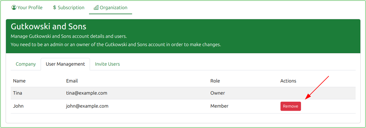 User Management tab with arrow pointing to Remove button for a team member