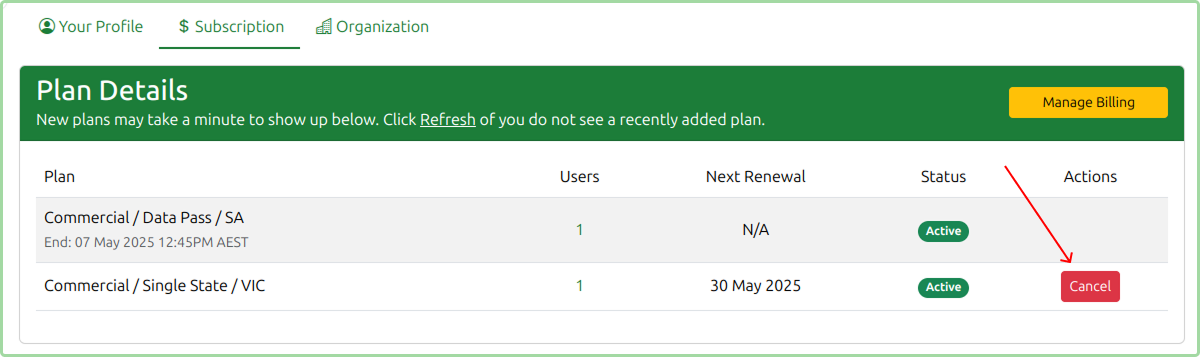 Plan Details page with arrow pointing to Cancel button for subscription cancellation